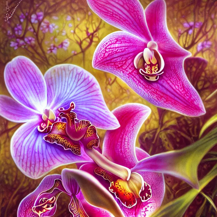 Image similar to extremely psychedelic macro orchid and cherry blossom and musroom, DoF, LSD, diffuse lighting, fantasy, intricate, elegant, highly detailed, lifelike, photorealistic, digital painting, artstation, illustration, concept art, smooth, sharp focus, art by John Collier and Albert Aublet and Krenz Cushart and Artem Demura and Alphonse Mucha