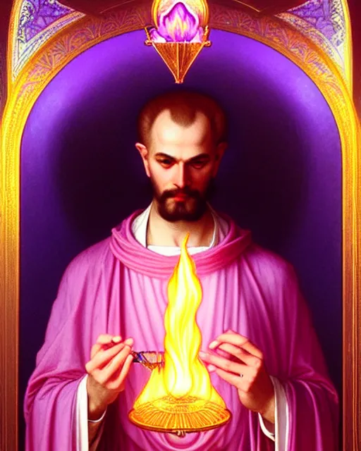 Prompt: portrait of saint germain, he holding the violet flame, it is a fire that is completely violet colored, intricate, elegant, highly detailed, digital painting, artstation, concept art, smooth, sharp focus, illustration, art by artgerm and greg rutkowski and fra angelico and alphons mucha