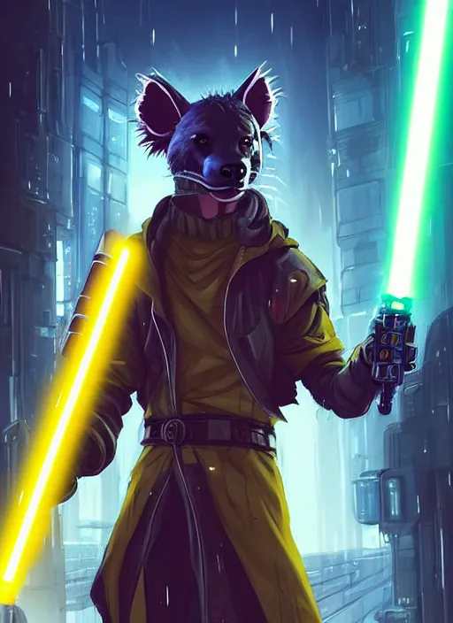 Prompt: beautiful portrait commission of a male furry anthro hyena fursona wearing cyberpunk jedi robes and wielding a yellow lightsaber in his left hand. Cyberpunk city at night in the rain. character design by charlie bowater, ross tran, artgerm, and makoto shinkai, detailed, inked, western comic book art