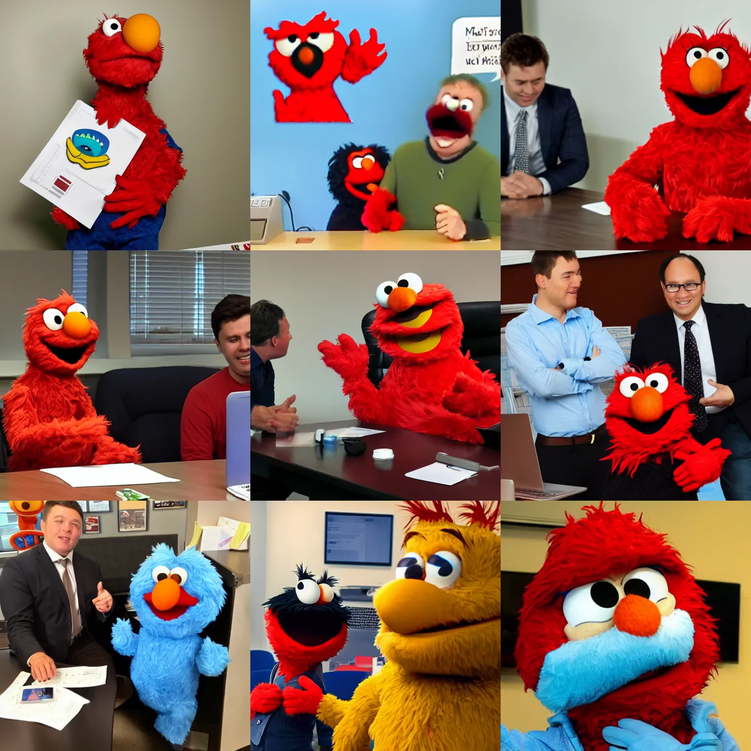 Prompt: elmo asks for loads of cash from his boss in a work meeting