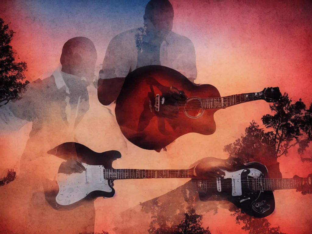 Image similar to double exposure black man guitar sunrise