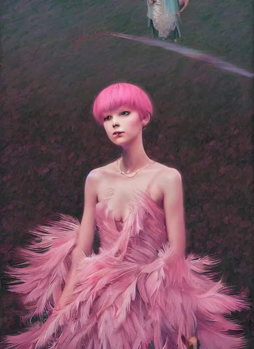 Prompt: beautiful young girl with an pink eccentric haircut wearing an dress made of feathers, artwork made by ilya kuvshinov, inspired in donato giancola, hd, ultra realistic, reflection, stage