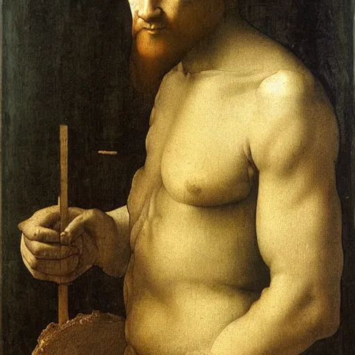 Prompt: a man with a lean body type, painting by Leonardo da Vinci