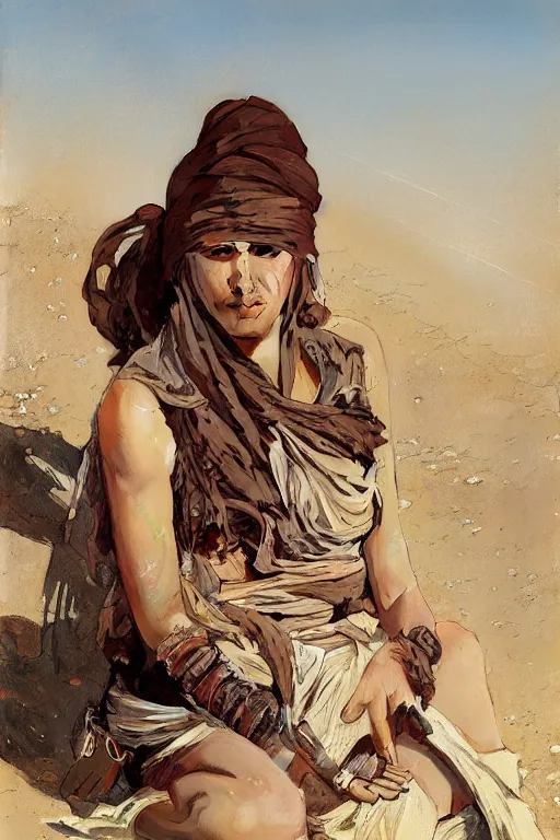 Image similar to a full body portrait of a beautiful post apocalyptic offworld desert bedouin blind barbarian leper laying by the roadside, begging, intricate, elegant, highly detailed, digital painting, artstation, concept art, smooth, sharp focus, illustration, art by krenz cushart and artem demura and alphonse mucha