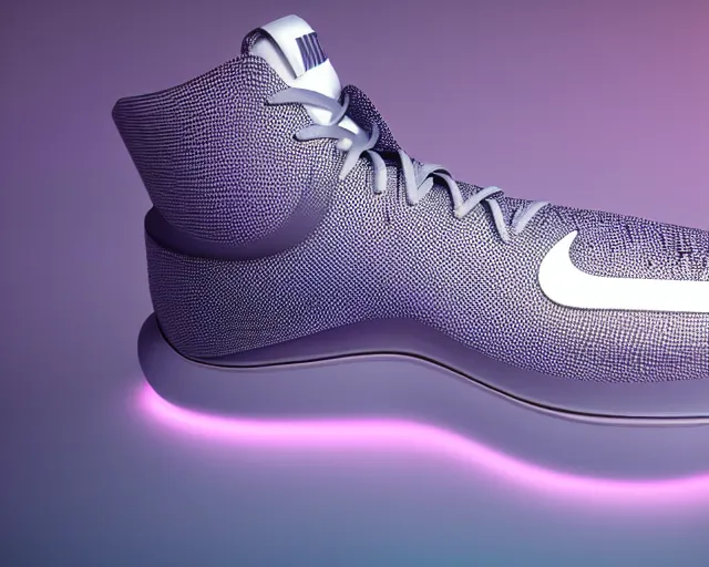 Image similar to 3D render of mid height nike sneakers with a new futuristic design, futuristic style, creative design, highly detailed, award winning, unreal engine 5, studio lighting, neon background