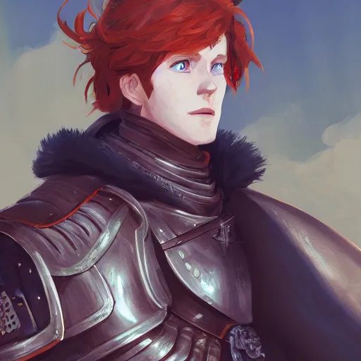 Image similar to portrait of a young redheaded man with blue eyes and wearing armor, medieval background, highly detailed, digital painting, artstation, matte, by makoto shinkai, animation style, studio ghibli, anime key visual