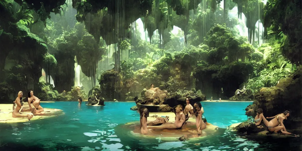 Image similar to a tropical cave that renovate as a luxury interior as several beautiful women bathe in the waters by syd mead, frank frazetta, ken kelly, simon bisley, richard corben, william - adolphe bouguereau, detailed sci - fi architectural concept art