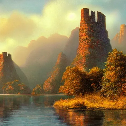 Prompt: three stone towers on a small island on a lake. misty. mountains in the background. high resolution painting by Ted Nasmith.