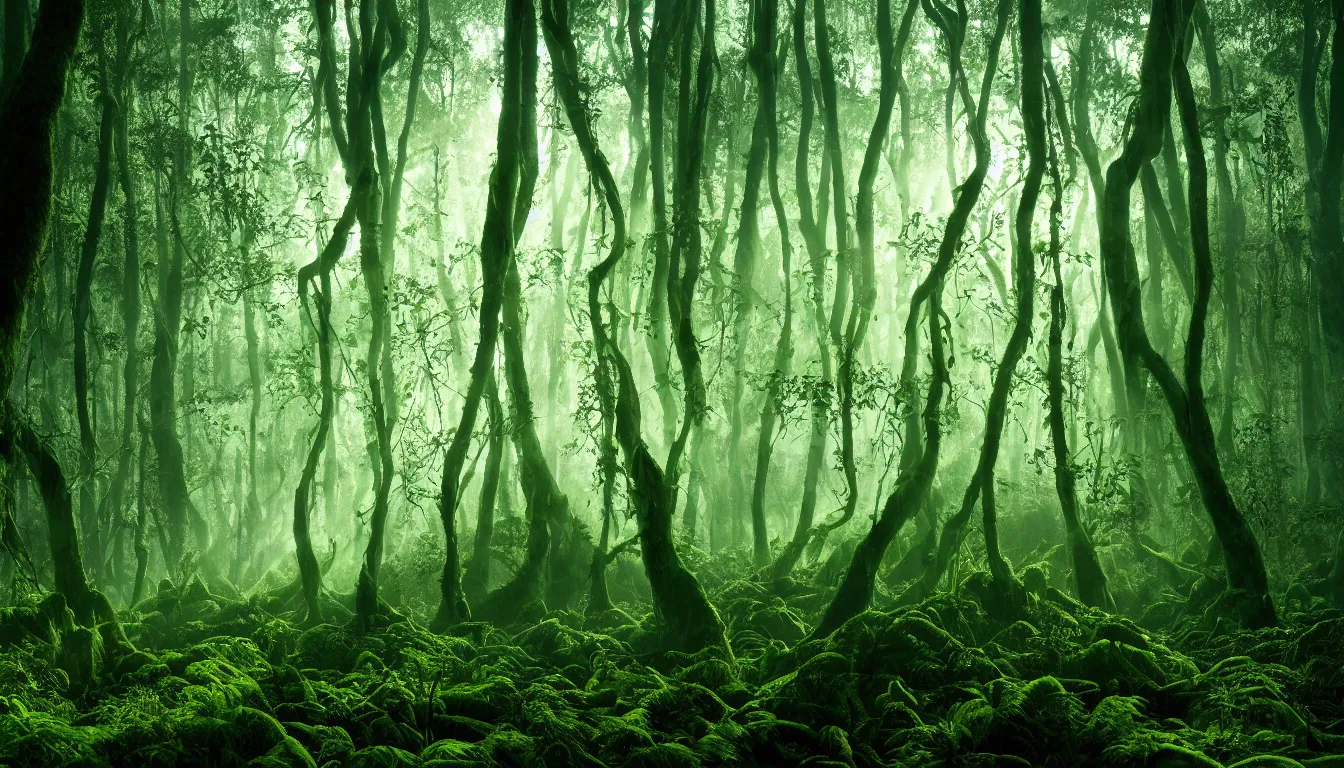 Image similar to deep jungle forest realm biodiversity , swirling clouds of magical mist through the trees , small patches of land floating between the tree trunks, dramatic dusk sun illuminates areas , volumetric light , detailed entangled roots carpet the forest floor ,rich emerald color , upscale , 8k