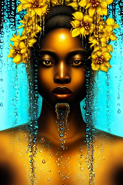 Image similar to hyperrealistic cinematic very expressive! black oshun goddess, in water up to her shoulders, mirror dripping droplet!, gold flowers, highly detailed face, digital art masterpiece, smooth eric zener cam de leon, dynamic pearlescent teal light, tilt angle uhd 8 k, sharp focus