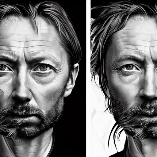 Image similar to collages, hyper realistic, many variations portrait of very old thom yorke, face variations, singer songwriter, ( side ) profile, liminal space, by lee bermejo, alphonse mucha and greg rutkowski, greybeard, smooth face