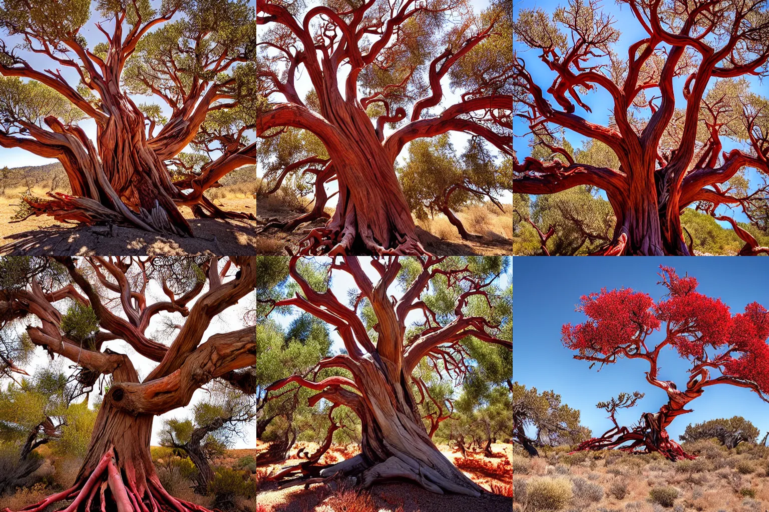 Prompt: A large Manzanita tree in a chaparral environment in California, peeling red bark, beautiful photography, National Geographic, iNaturalist