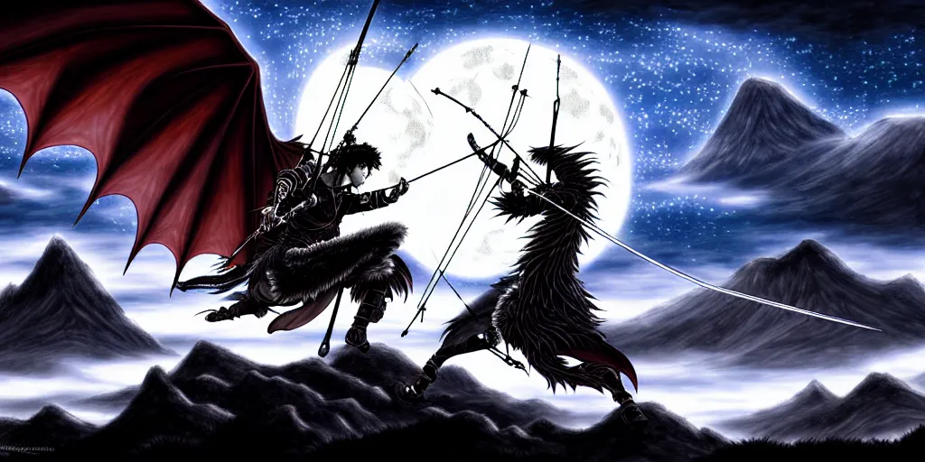 Prompt: korean archer. dragon. night sky. moon. mountain. dark fantasy. high resolution. epic fight. detailed. digital art. dark fantasy. kentaro miura