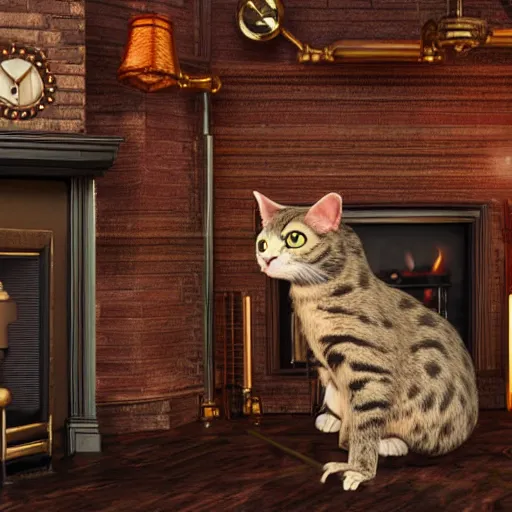 Image similar to a 3 d render of steampunk cat sits in a chair in front of a fireplace in a book lined room and smokes a pipe, high realistic, high detailed, octane render