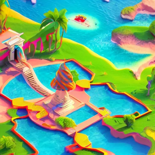 Image similar to Isometric 3D Fantasy Island, no background, 3D character, very colourful, cinematic lighting, soft neon, CGI render, trending on Artstation