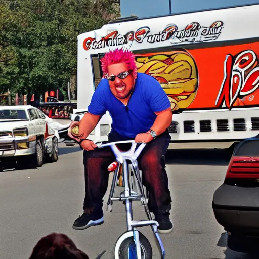 Prompt: guy fieri riding unicycle eating hot dog