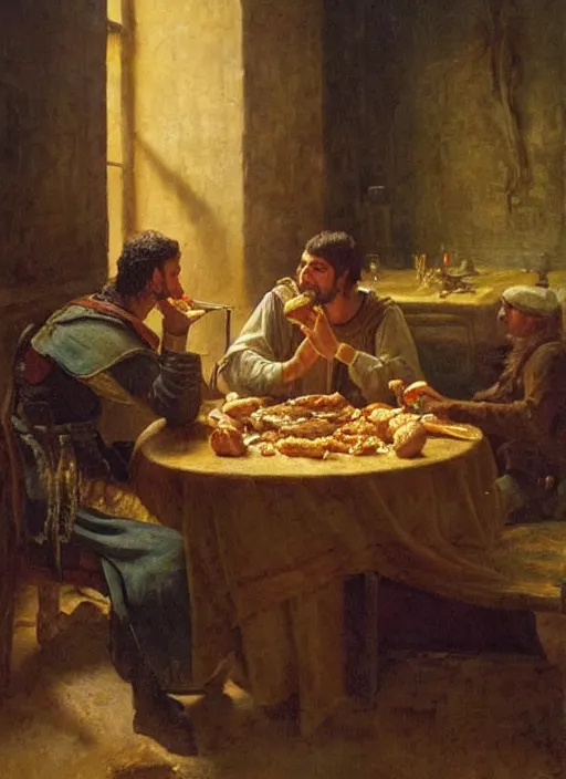 Image similar to young man eating a burger in a medieval dinning room, surrounded by starving people in front of a giant painting, extremely realistic and highly detailed painting by gaston bussiere, soft light, gold ratio