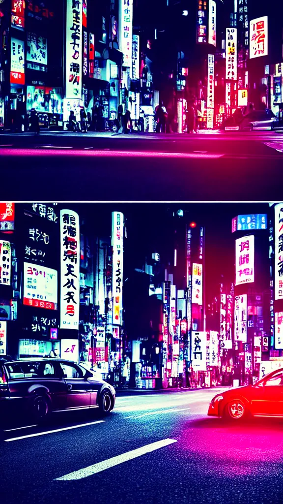 Image similar to a car yakuza spec JZS160 in middle of road, shibuya prefecture, city midnight neon lights, cinematic color, photorealistic, highly detailed