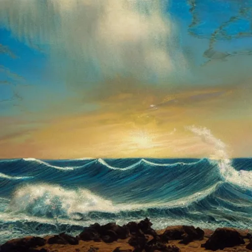 Prompt: beautiful waves crashing on the beach of hawaii, tropical setting, detailed oil painting, 1 9 2 0 ’ s colored pencil, highly detailed, highly accurate, deep aesthetic, 8 k, highly ornate intricate details, cinematic lighting, rich colors, beautiful scenic view, ray tracing, hyperrealistic, photorealistic, cinematic landscape, trending on artstation, concept art,