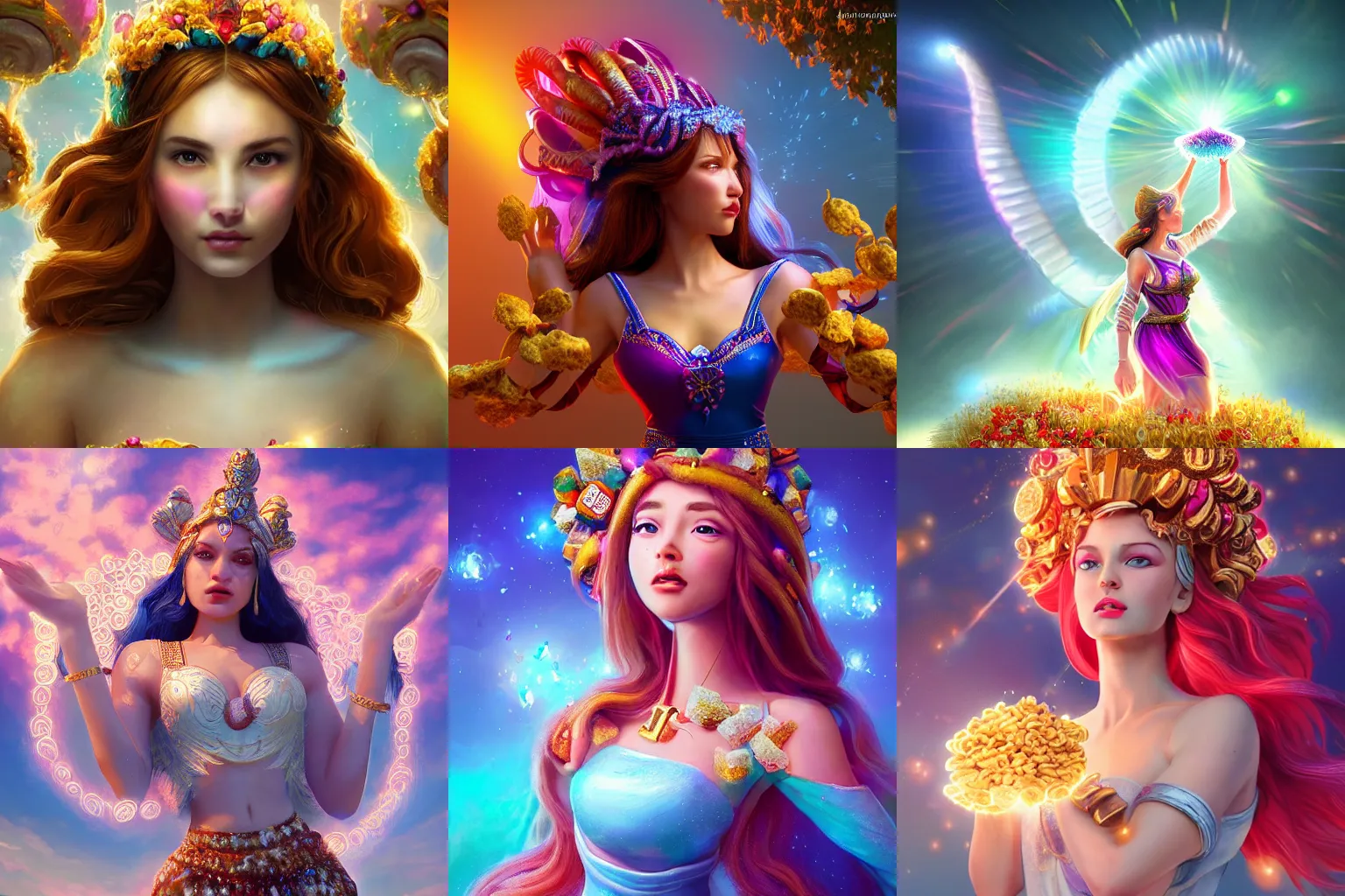 Prompt: a beautiful female goddess of cereals character, character is in all its glory, character is centered on the image, character is in her natural pose, rim lights, magic in the air, fancy clouds, highly detailed professional photo, dynamic lights, particles are flying, depth of field, trending on artstation, illustration, hyper realistic, vray caustics, super detailed, colorful accents, cinematic shot