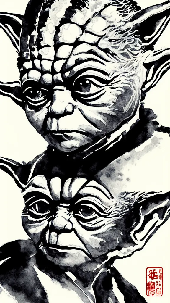 Image similar to a portrait of yoda as japanese ink calligraphy. brush strokes. harsh ink lines. color harmony, 8 k detail, gallery quality, hd wallpaper, premium prints available, hyper - detailed, intricate design.