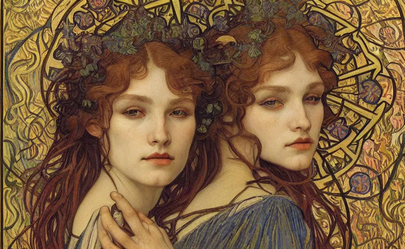 Image similar to detailed realistic beautiful young medieval queen face portrait by jean delville, alphonse mucha, vincent van gogh, and marco mazzoni, art nouveau, symbolist, visionary, gothic, pre - raphaelite