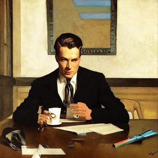 Image similar to man in desk with coffee and black suit by leyendecker and dean cornwell, 8 feet from the camera, 6 0 ´ s furniture