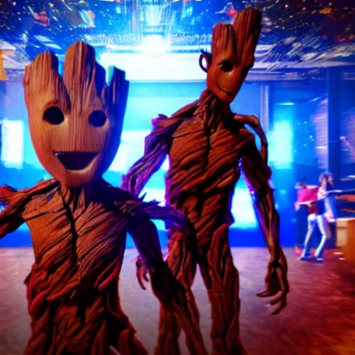 Image similar to groot and optimus prime dancing at techno party among people, wide shoot, after effect, ultra realistic 3 d