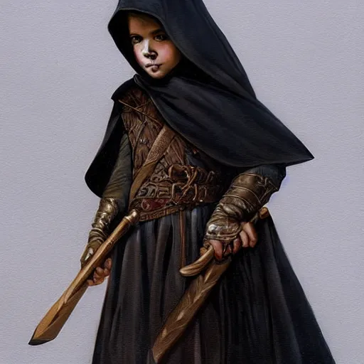 Prompt: perfectly - centered - portrait of a kid wearing black cloak holding wooden sword, intricate, highly detailed, digital painting, artstation, concept art, smooth, sharp focus, illustration, unreal engine 5, 8 k, art by artgerm and greg rutkowski and alphonse mucha