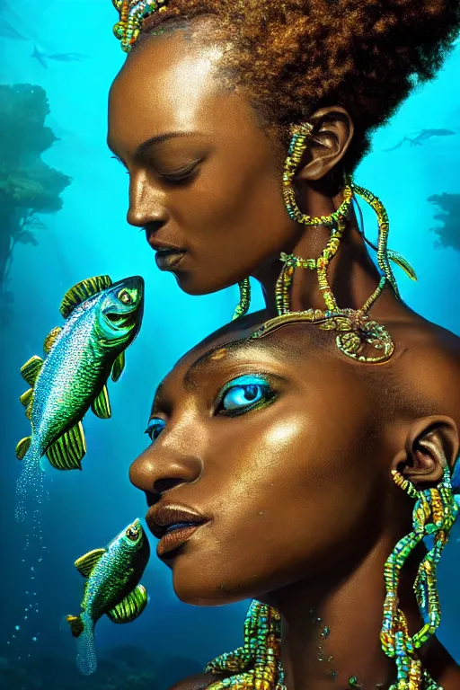 Prompt: hyperrealistic wide shot of very expressive! translucent!! african goddess, cinematic underwater scene with fish and algae, gold jewerly, highly detailed face, digital art masterpiece, eric zener cam de leon, dramatic pearlescent turquoise light on one side, low angle uhd 8 k, shallow depth of field