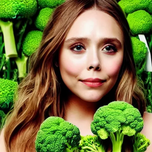 Prompt: elizabeth olsen with a [ head made of broccoli ]!!, trending on cgsociety, 4 k quality, intricate