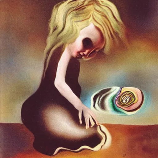 Prompt: A 2 year old girl playing with small abalone shells, blond hair. Painting by Salvador Dali