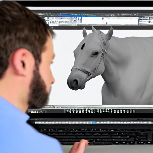 Prompt: photo of a person using a 3 d modelling program on their computer to model a horse