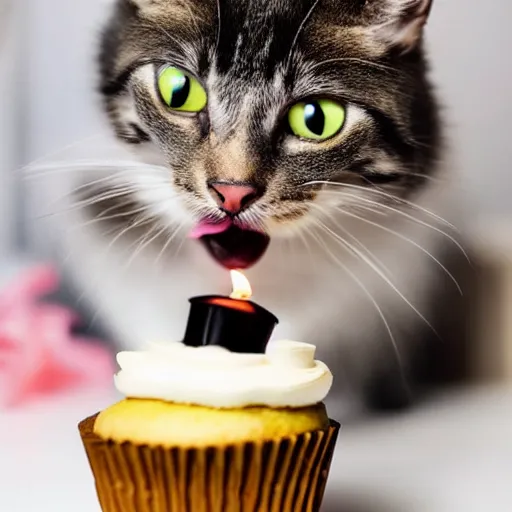 Image similar to a cute cat blowing out a candle on a cupcake