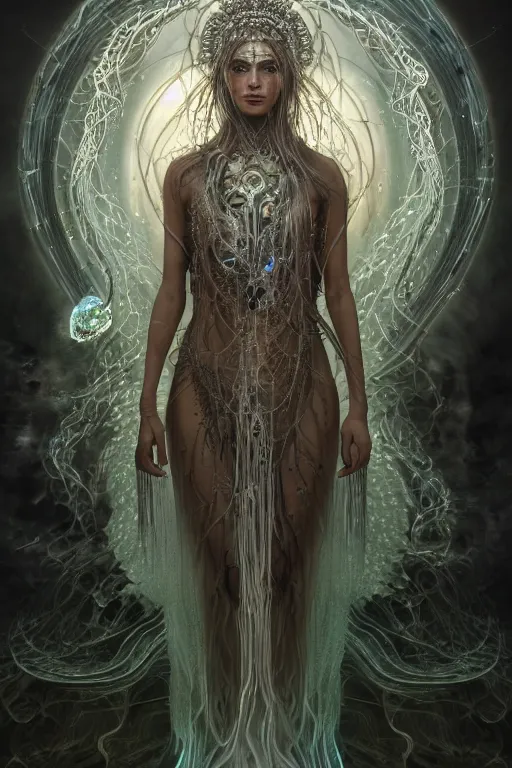 Image similar to a centered render of a wild post apocalyptic goddess with wearing ornate silver and gemstones and crystal clothing surrounded by flowing liquid gallium jellyfish and sacred geometry, perfect body and face, gorgeous, cinematic, beautifully lit, by tomasz alen kopera and peter mohrbacher, 3 d, trending on artstation, octane render, 8 k