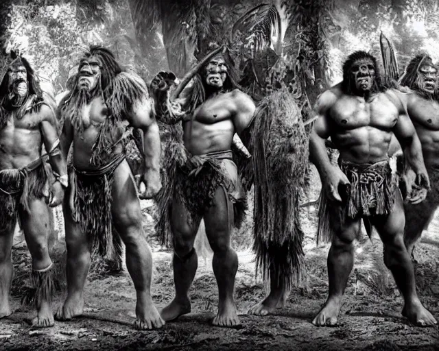 Image similar to hyper realistic group vintage photograph of a live action warcraft orc warrior tribe in the jungle, tall, hulk like physique, detailed faces, tribal paint, tribal armor, grain, old, monochrome, sepia toned, realistic lighting, wide angle