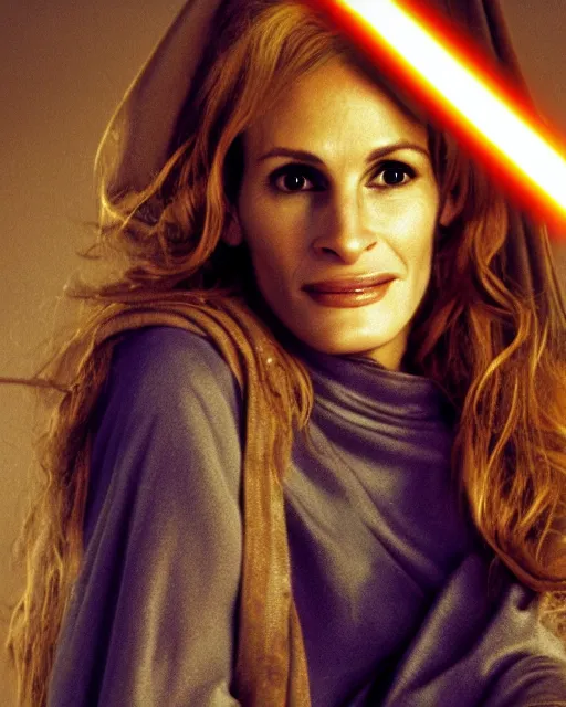 Image similar to julia roberts, dressed as jedi knight with a lightsaber, colorful, realistic, high resolution