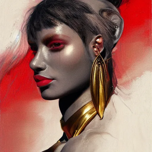 Image similar to detailed oil portrait of tall muscular shining bronze - skinned warrior cat with silver eyes, with short wavy flowing black hair and big gold earrings, jewelry, red lipstick, makeup, feminine, volumetric lighting, dynamic composition, art by sachin teng and sergey kolesov and ruan jia and heng z, scifi, concept art