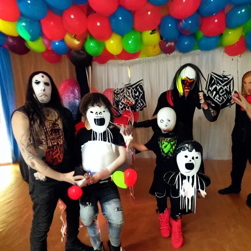 Image similar to black metal band at a children's birthday party, balloons, clown, cakes, fun, kids