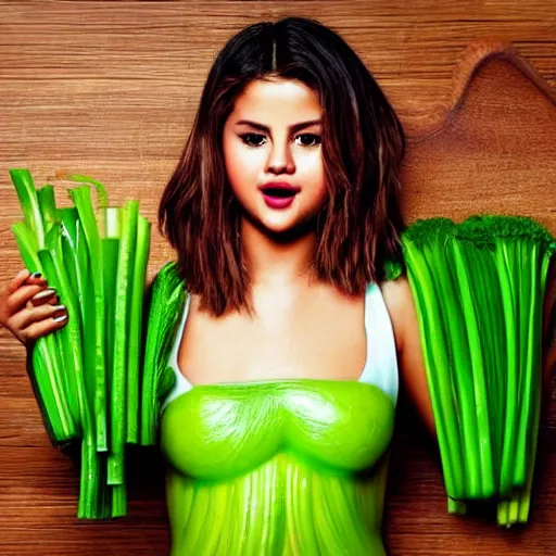 Image similar to selena gomez made out of celery, a human face with celery for hair, celery in the shape of a human face, a bunch of celery sitting on a cutting board, professional food photography, selena gomez wearing green face paint