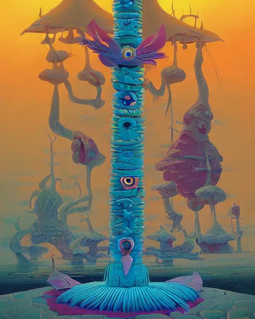 Prompt: a painting of a tribal tiki hut totem pole, a surrealist painting by Naoto Hattori, Roger Dean, Pablo olivera and Stanisław Lem and Paul Lehr, by Beeple, by Makoto Shinkai and Lois van baarle, trending on deviantart, pop surrealism, lowbrow, grotesque, whimsical