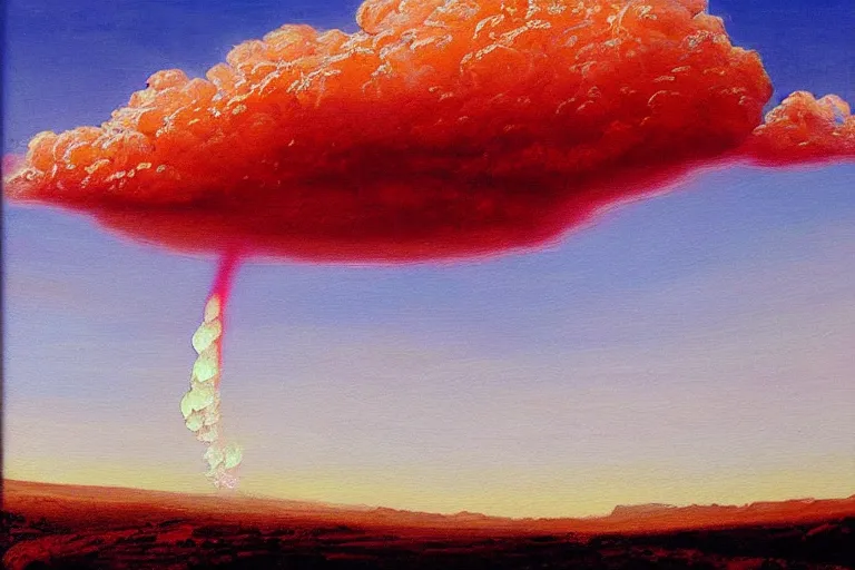 Image similar to molten iron raining down from pinkish clouds high above the atmosphere of planet, reddish landscape, realist painting