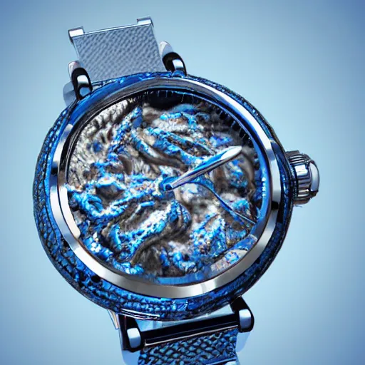 Prompt: a luxury wristwatch made out of blue ice, attached to a molten metal rod, unreal engine