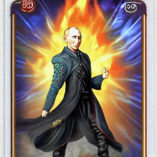 Prompt: a magic the gathering card, depicting vladimir putin as a wizzard, 8 k