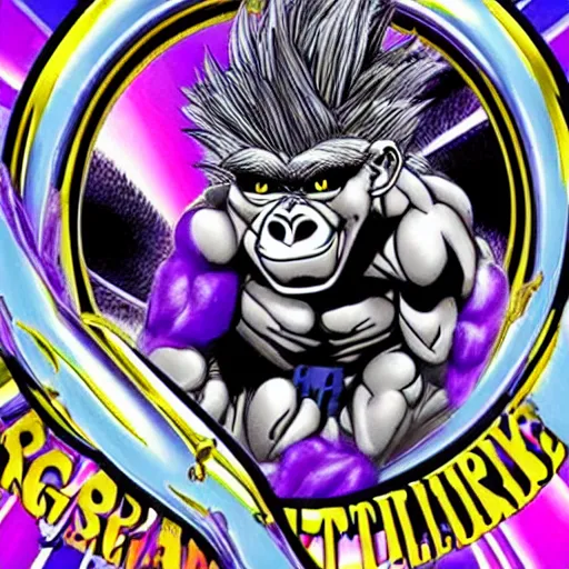 Prompt: a super sayan gorilla collects metallic purple rings