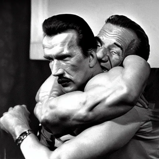 Prompt: Vincent Price holding Arnold Schwarzenegger in a headlock