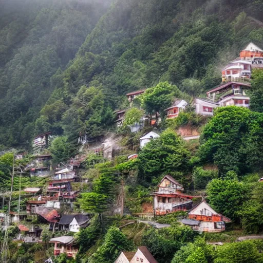 Image similar to village on a steep cliff side, wide angle, fog layer, foliage, far away shot