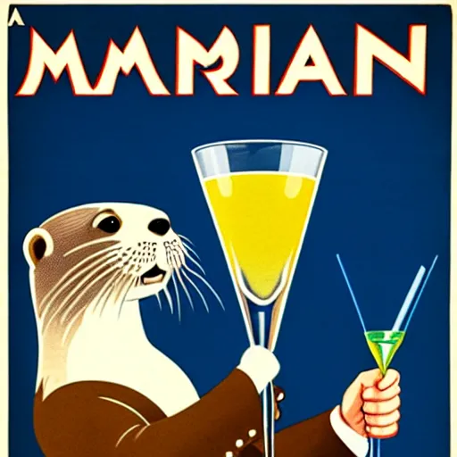 Image similar to a man holding a martini with an otter swimming in it while the otter gives a thumbs up in a 1 9 2 0 s advertisement poster