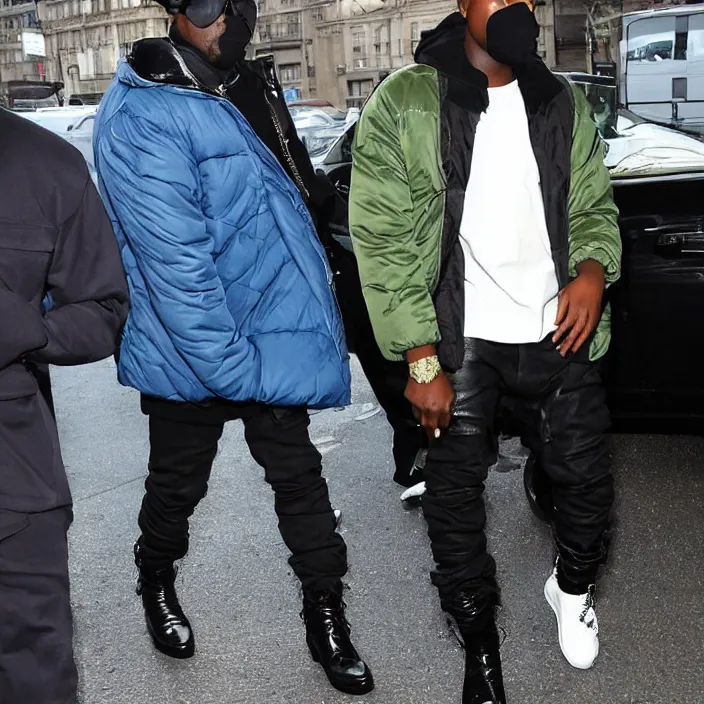 Image similar to kanye west using a full face covering black mask, a small bright blue round puffer jacket made of nylon and big black rubber boots,