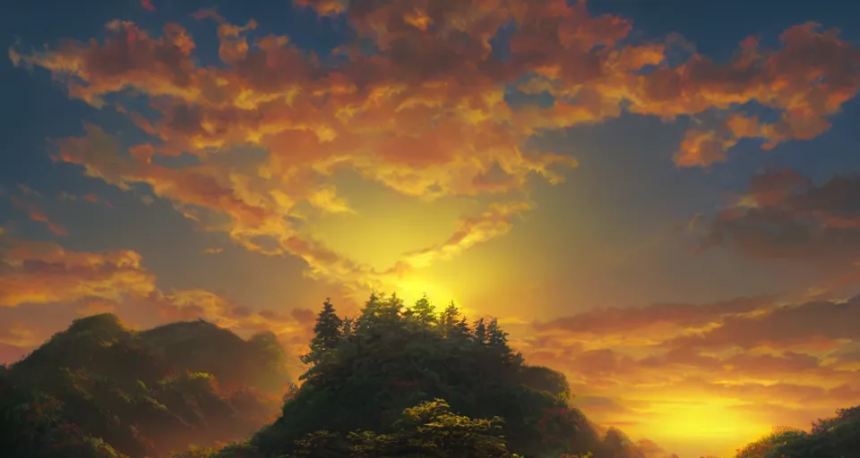 Prompt: sunset at spring break - golden mountains - dramatic lighting, trending on artstation, highly detailed render by studio ghibli